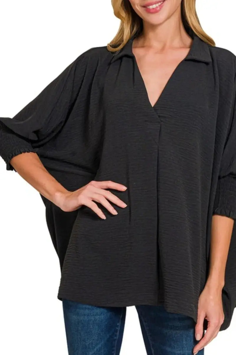 Zenana Airflow Collar Tee with Smocked Sleeve Band Top - Love Salve